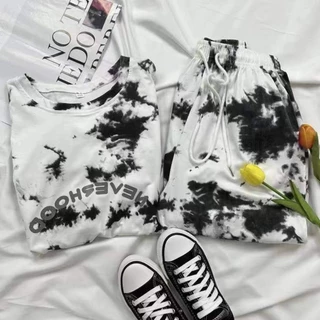 เซ็ท2ชิ้น เสื้อยืดมัดย้อมแขนสั้น + กางเกงขายาว ระบายอากาศได้ดี