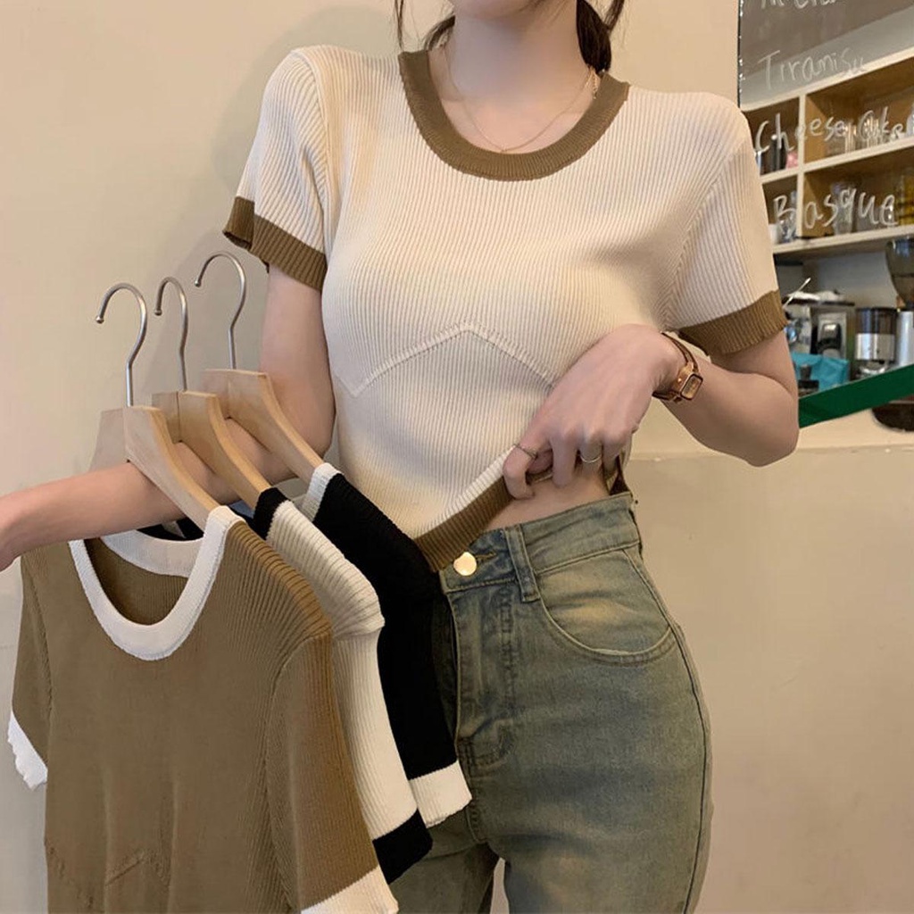 Grace&Chill 0990 เสื้อยืดแขนสั้น เข้ารูป เสื้อยืดแขนสั้นลําลอง คอกลม สีคอนทราสต์ แฟชั่นฤดูร้อน
