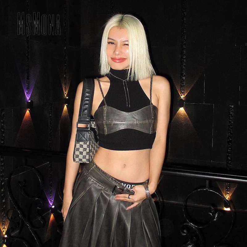 Msmona เสื้อสายเดี่ยวหนัง คอสูง แฟชั่นใหม่ สําหรับผู้หญิง 2024
