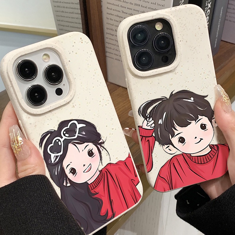 การแสดงออกของคู่รัก For iPhone 11 14 15 12 13 Pro Max X XS XR 6 7 8 14 Plus รูปแบบการ์ตูน Red Couple ป้องกันการตก CASE