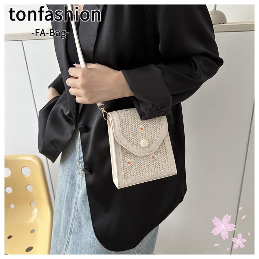 Tonfashion กระเป๋าใส่โทรศัพท์มือถือ แบบฟาง ปักลายดอกเดซี่เล็ก
