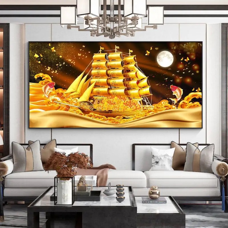 ห้องนั่งเล่นในบ้านภาพวาดผ้าใบ Golden Ship Fengshui Fish Wall Decor รูปภาพ