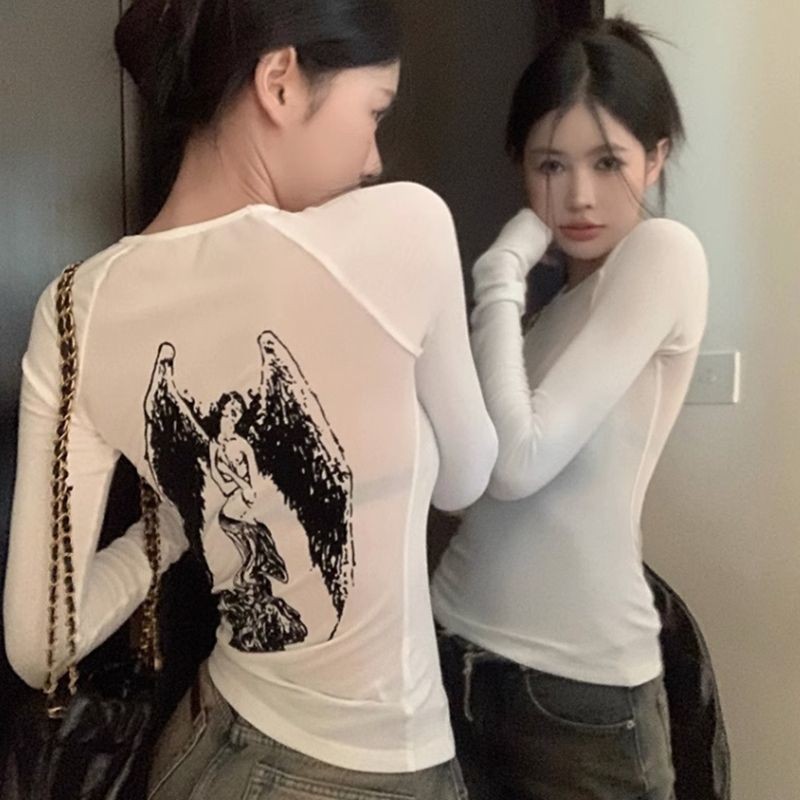 เสื้อยืดแขนยาว ผ้าโปร่ง พิมพ์ลายนางฟ้า สุดเซ็กซี่ เข้ารูป แฟชั่นฤดูใบไม้ร่วง สไตล์เกาหลี สําหรับผู้หญิง
