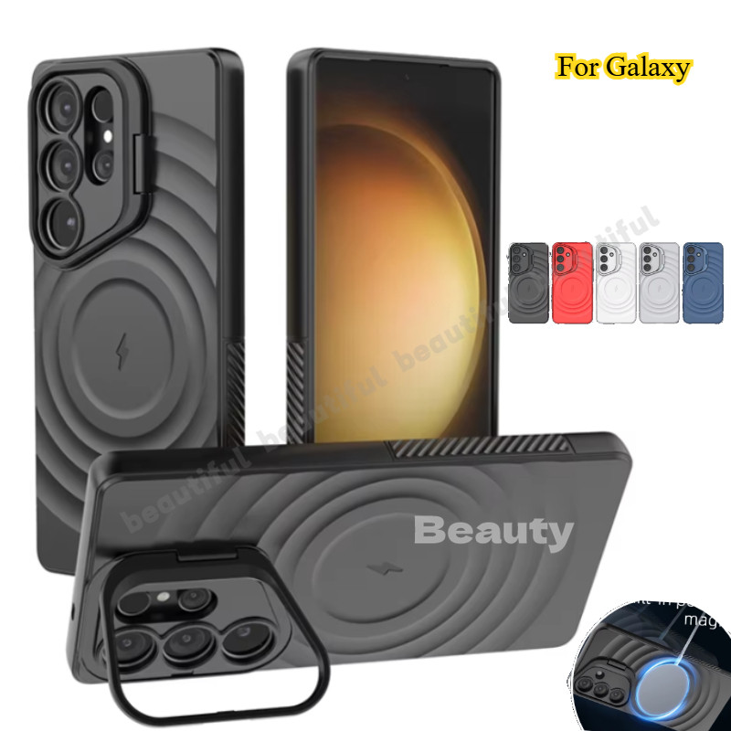 ปลอกสําหรับ Samsung Galaxy S25 Ultra Plus S 25 S25Ultra S25Plus SmasungS25 2025 พับผู้ถือเลนส์ขาตั้ง Ripple Matte Magnetic Case ซิลิโคนนุ่มกันกระแทกปกหลัง