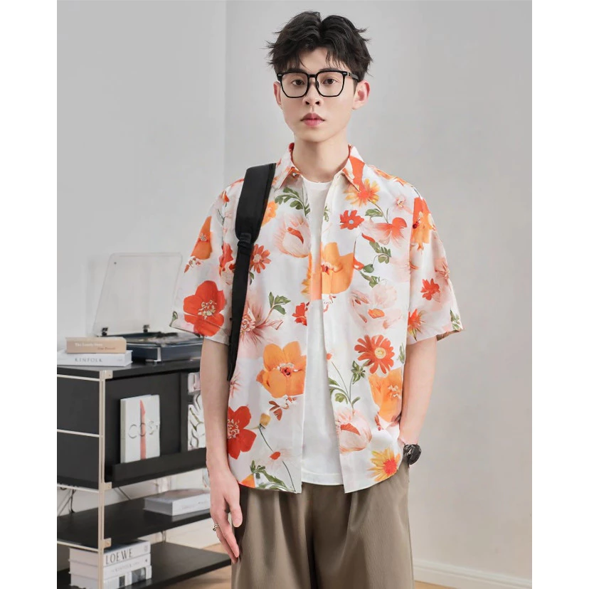 เสื้อสงกรานต์ผู้ชาย ฮาวาย แขนสั้น ผ้าไหมอิตาลี ลายดอก #3009 thumbnail 5