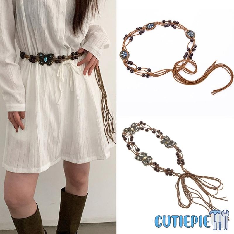 Cutiepie สไตล์โบฮีเมียนพู่ผูกปมเข็มขัดกว้างเชือกทอเข็มขัดเอว Boho Braid เข็มขัด