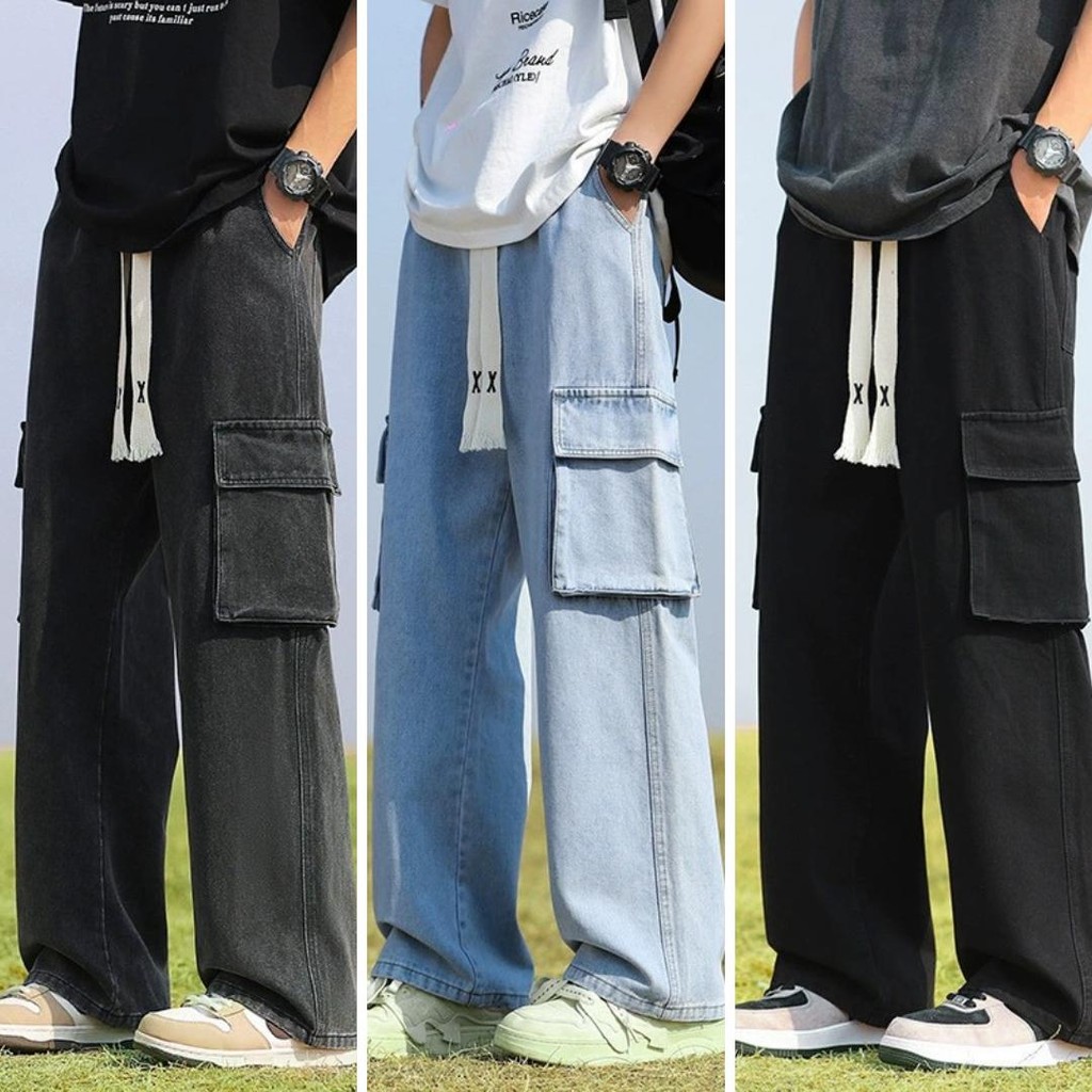 MNO.9 JEANS 6152 กางเกงยีนส์ชายคาร์โก้ เอวยางยืด มีเชือกผูก กางเกงยีนส์ขายาว ทรงกระบอกกลาง