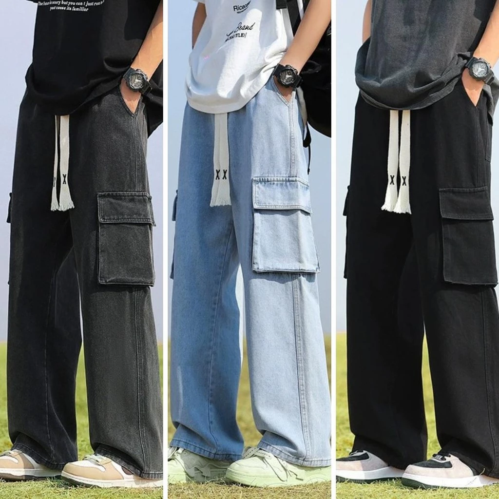 MNO.9 JEANS 6152 กางเกงยีนส์ชายคาร์โก้ เอวยางยืด มีเชือกผูก กางเกงยีนส์ขายาว ทรงกระบอกกลาง