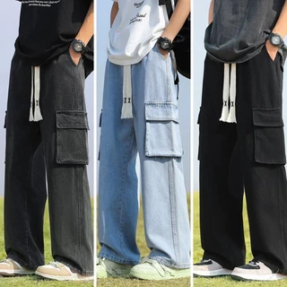 MNO.9 JEANS 6152 กางเกงยีนส์ชายคาร์โก้ เอวยางยืด มีเชือกผูก กางเกงยีนส์ขายาว ทรงกระบอกกลาง