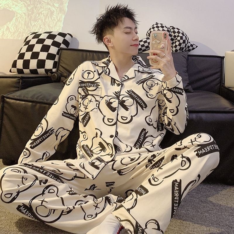 ชุดนอนผู้ชายฤดูใบไม้ผลิฤดูใบไม้ร่วงนักเรียนคาร์ดิแกนกางเกงขายาวแขนยาวเยาวชนฤดูหนาวขนาดใหญ่สามารถสวมใส่นอก ชุดบ้าน ชุด