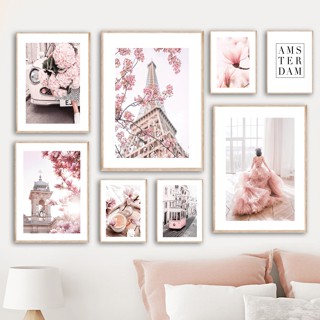 ใหม่ โปสเตอร์ภาพวาดผ้าใบ ลาย Paris Tower Magnolia Pink Car Rose Dress Girl Coffee Ferris Wheel สําหรับตกแต่งผนัง ห้องนั่งเล่น