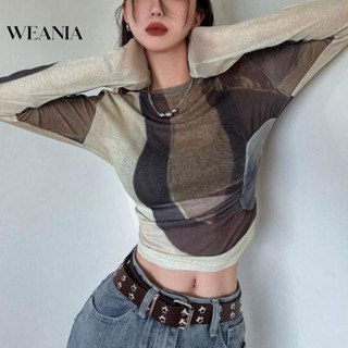 Weania เสื้อท็อป คอกลม ผ้าตาข่าย เข้ารูป สีตัดกัน แฟชั่นสําหรับผู้หญิง