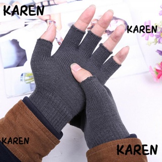 Karen ถุงมือถัก แบบครึ่งนิ้ว ให้ความอบอุ่น สีพื้น