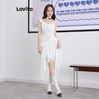 Lovito ชุดเดรส ทรงอสมมาตร แต่งระบาย สีพื้น สไตล์ลำลอง สำหรับผู้หญิง L55AD055 (สีขาว)