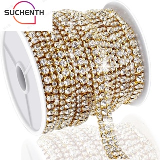 Suchenth สายโซ่ ประดับพลอยเทียม คริสตัล 3 แถว 3 แถว 3 หลา สีทอง สําหรับตกแต่งเครื่องประดับ DIY