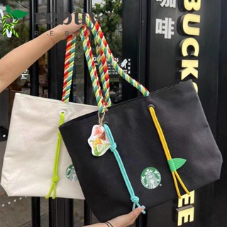 Rebuy Starbucks กระเป๋าช้อปปิ้ง ผ้าแคนวาส จุของได้เยอะ ลายตัวอักษร สีพื้น สไตล์เกาหลี สําหรับผู้หญิง