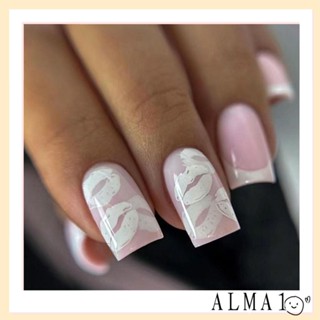 Alma เล็บปลอม ลายดอกไม้ สีขาว ขนาดเล็ก ลายทางสีรุ้ง สไตล์ฝรั่งเศส แฟชั่นสําหรับผู้หญิง
