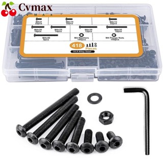 Cvmax สกรูซ็อกเก็ตหกเหลี่ยม 8 ขนาด พร้อมกล่องเก็บ 10.9 เกรด 8 10 12 20 25 30 35 40 มม. M4 สีดํา 418 ชิ้น