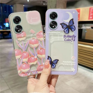 ใหม่ เคสโทรศัพท์มือถือ ซิลิโคนนิ่ม TPU กันกระแทก ลายผีเสื้อ ดอกทิวลิป พร้อมช่องใส่บัตร แฟชั่น สําหรับ OPPO A38 A98 A78 A58 NFC 4G 5G A38 A78 A58