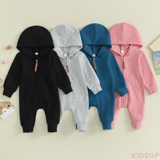 Kidsup1- ชุดจั๊มสูท รอมเปอร์ แขนยาว มีฮู้ด มีซิป สีพื้น ฤดูใบไม้ร่วง สําหรับเด็กผู้ชาย เด็กผู้หญิง