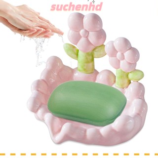 Suchenhd จานวางสบู่ เซรามิค ลายดอกไม้ สีชมพู ไม่ต้องเจาะรู อเนกประสงค์ สําหรับตกแต่งบ้าน ห้องน้ํา