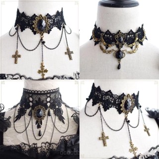 0908WSJ Gothic Dark Lolita Lace Necklace Y2g Harajuku Subculture Black Cross Collar LFMQ