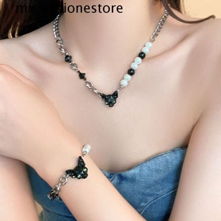 Mxfashione สร้อยคอ สร้อยข้อมือ ไทเทเนียม ประดับลูกปัดไข่มุก สีดํา สไตล์เกาหลี เรียบง่าย Y2K