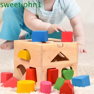 Sweetjohn บล็อกไม้ รูปทรงลูกบาศก์ หลากสี ของเล่นเสริมการเรียนรู้เด็ก