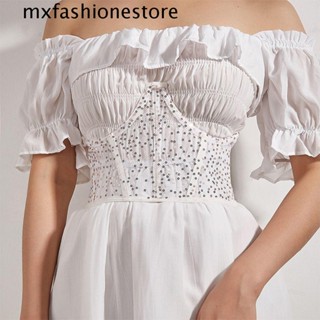 Mxfashione เข็มขัดคาดเอว แบบใส บาง หรูหรา แวววาว พร้อมสายรัดหน้าอก ด้านข้างกว้าง เข็มขัดรัดเอว เข็มขัดเทรนเนอร์ เอวรัดตัว