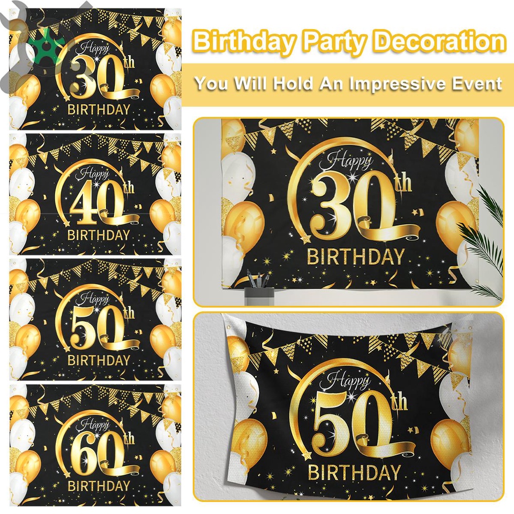 ป้ายแบนเนอร์ ลาย Happy Birthday ขนาดใหญ่ 30th 40th 50th 60th 80x120 ซม. สีดําทอง สําหรับตกแต่งปาร์ตี