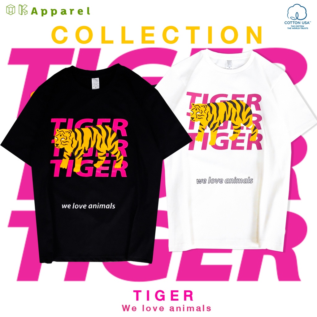 แฟชั่นใหม่ เสื้อยืดคอตตอนUSA เจ้าเดียวที่นี่!!  สกรีนลาย "Pinktiger" - โอเวอร์ไซส์  เสื้อคอกลมแขนสั้
