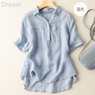 Cotton and linen top womens high-end artistic simple solid color linen short sleeve shirt loose large size linen T-shirt shirt