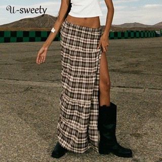 U-sweety กระโปรงแม็กซี่ เอวสูง ลายสก๊อต เซ็กซี่ แฟชั่นสําหรับสตรี 2023