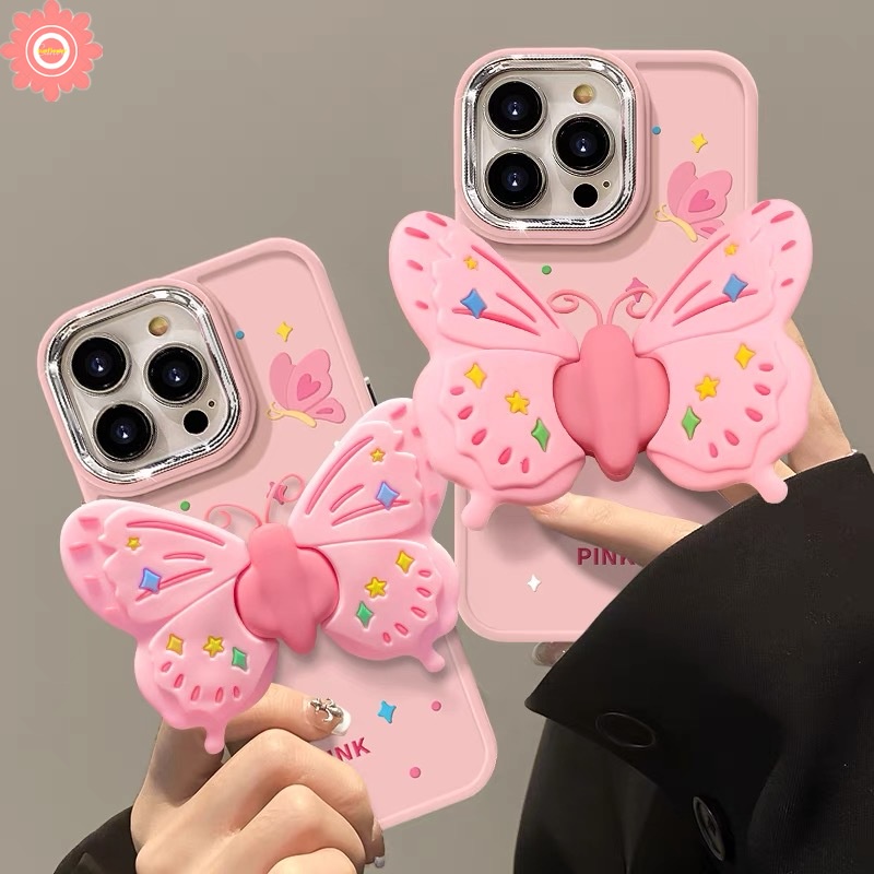 เคสโทรศัพท์มือถือ ชุบโลหะ ชุบไฟฟ้า ลายปีกผีเสื้อ สีชมพู พร้อมสายคล้องข้อมือ สําหรับ IPhone 11 15 13 12 14 Pro MAX XR XS MAX 7Plus X 7 8 Plus