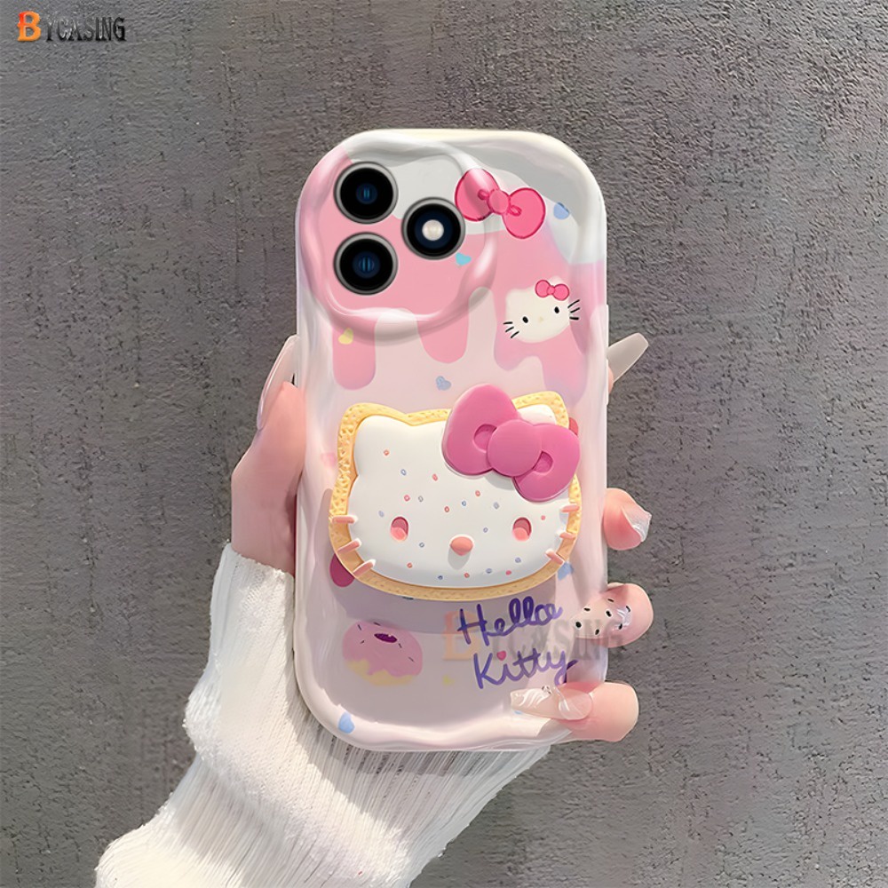 สําหรับ Realme C65 C51 C53 หมายเหตุ 50 C55 C30s C35 C15 C12 Realme 11 10 5 6i C25Y C21Y C11 C33 9i 7i 8i C2 C25 C17 3D หยักขอบโค ้ งสีชมพู Donut ครีมน ่ ารัก Hello Kitty กรณีขาตั ้ ง โดย