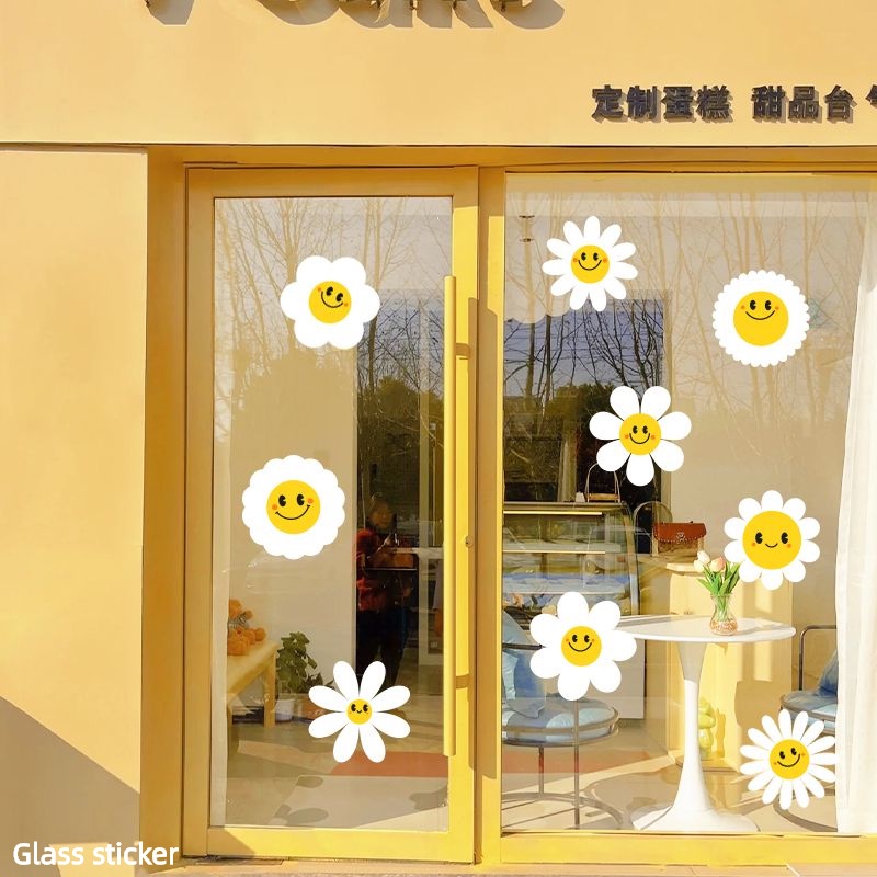สติกเกอร์ ลายดอกทานตะวัน หน้ายิ้ม สําหรับติดตกแต่งกระจก หน้าต่าง ประตู ร้านเค้ก ชานม