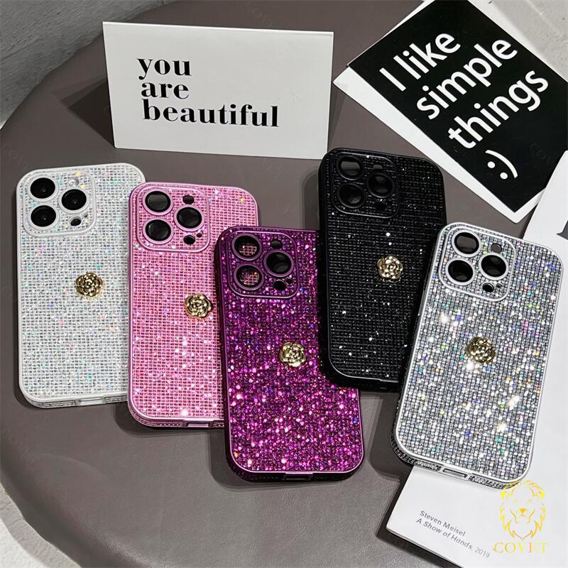 Covet เคสโทรศัพท์มือถือ กันตก ป้องกันเลนส์กล้อง ลายดอกโพสต์บลอสซัม แต่งกลิตเตอร์ หรูหรา สําหรับ IPhone 15 14 13 12 11 Pro Max 13 14 15 Pro