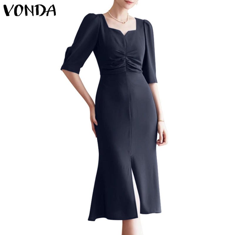 Vonda ชุดเดรสแขนห้าส่วน คอสี่เหลี่ยม ผ่าข้าง สีพื้น สไตล์เกาหลี สําหรับผู้หญิง
