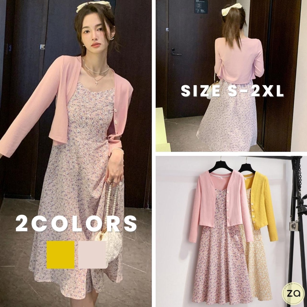 HOT SALE ชุดเซ็ต 2 ชิ้น เดรสสายเดี่ยวลายดอกไม้ และเสื้อคลุมคาร์ดิแกนแขนยาวตัวสั้น 2 สี