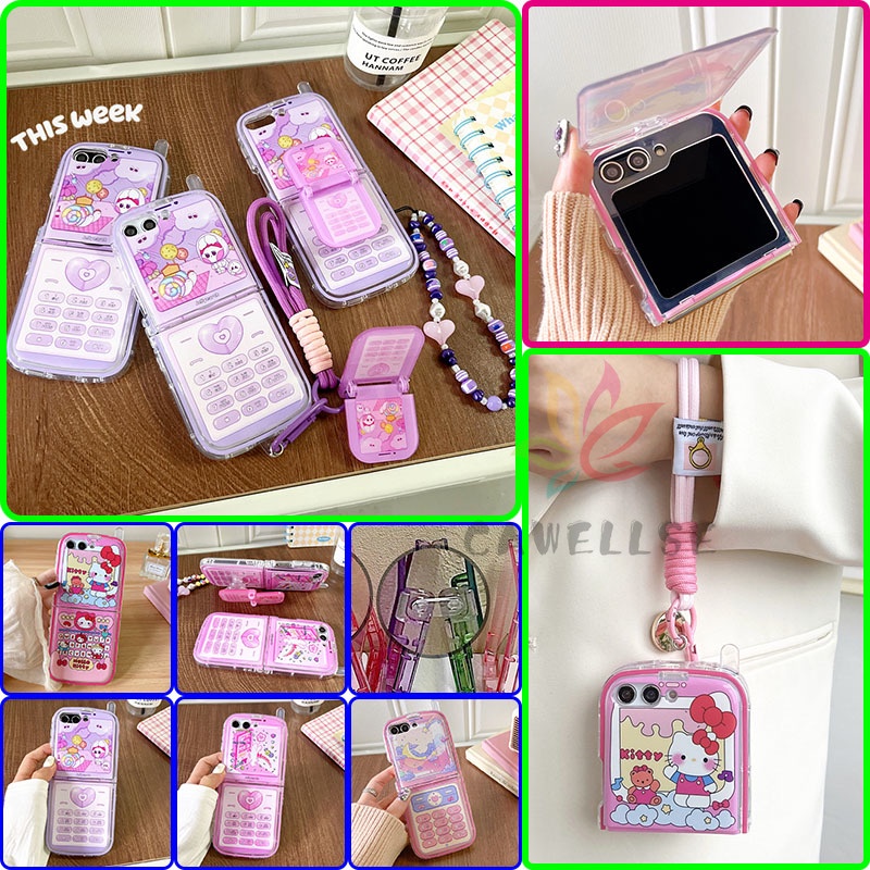 เคสโทรศัพท์ซิลิโคนใส แบบนิ่ม พิมพ์ลายการ์ตูน กันกระแทก มีขาตั้ง และเสาอากาศ สําหรับ Samsung Galaxy Z Flip 5 Flip 4 Flip 3