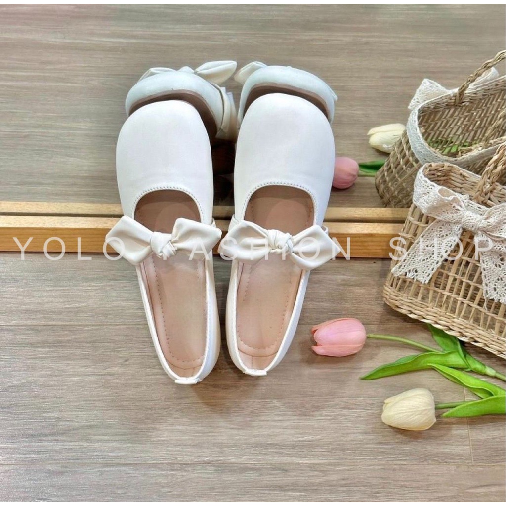 [FORM TO] รองเท้าตุ๊กตาผู้หญิง รองเท้า Ladys Shoes Round Toe Slingback 3P Platform Heel with Cute Ra