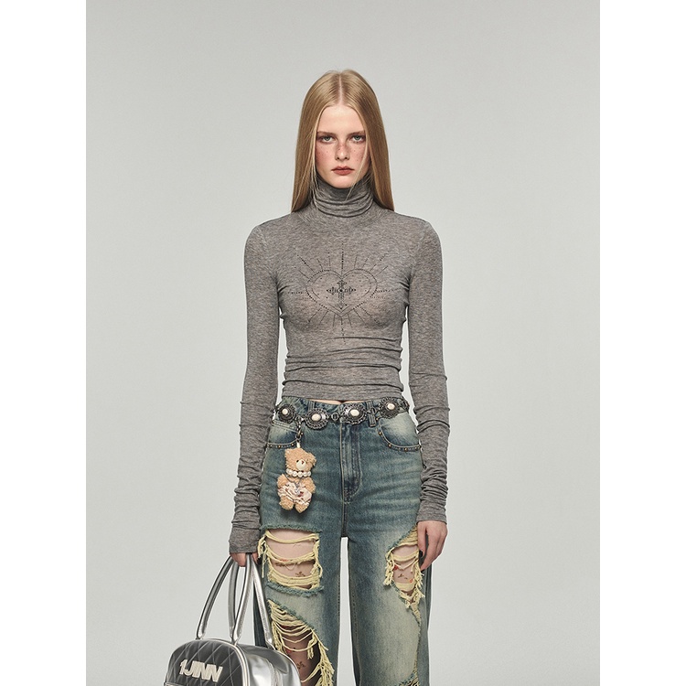 1JINN STUDIO Basic rhinestone turtleneck bottoming shirt long-sleeved top เสื้อคอเต่าแนบเนื้อปักเพชรลายไม้กางเขน