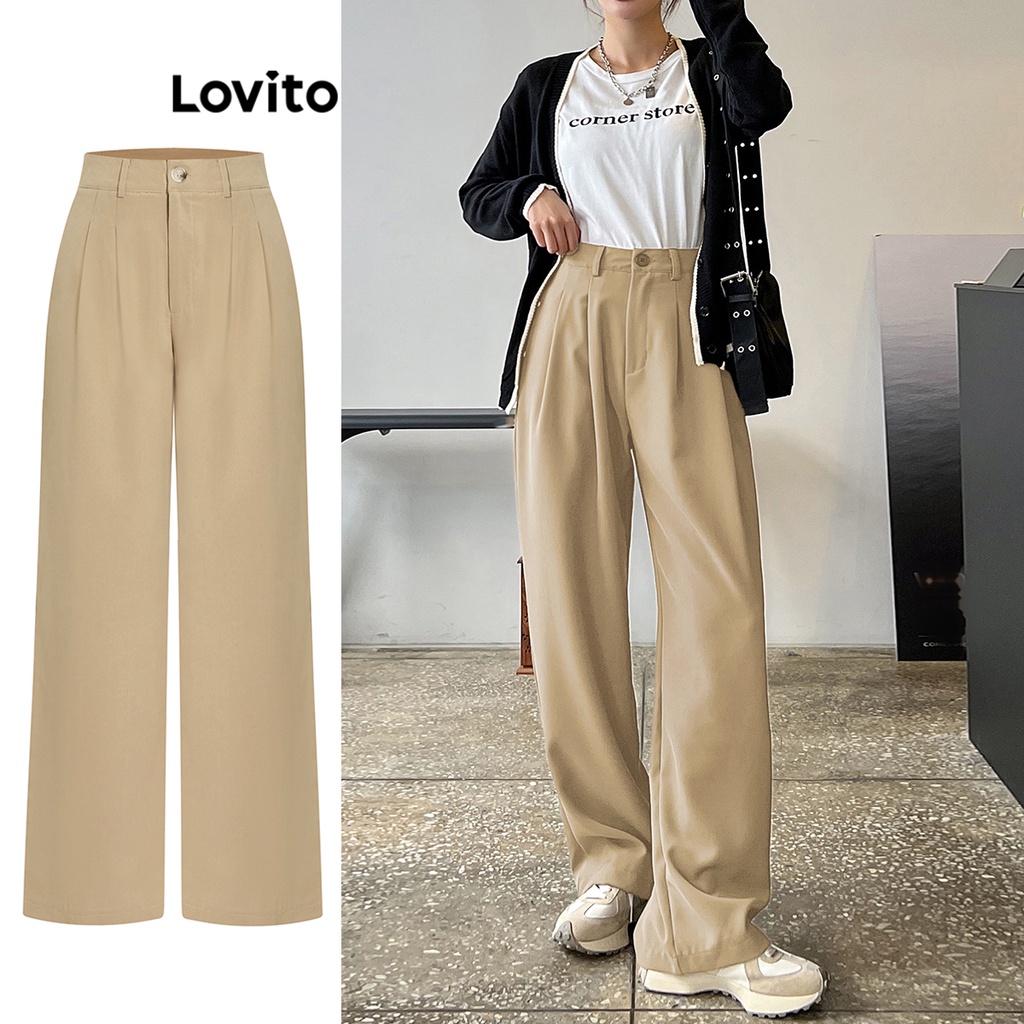 Lovito กางเกงขายาวผู้หญิง เอวกลาง ผ้าเดรป สีพื้น สไตล์ลำลอง L64AD096 (สีกากี)