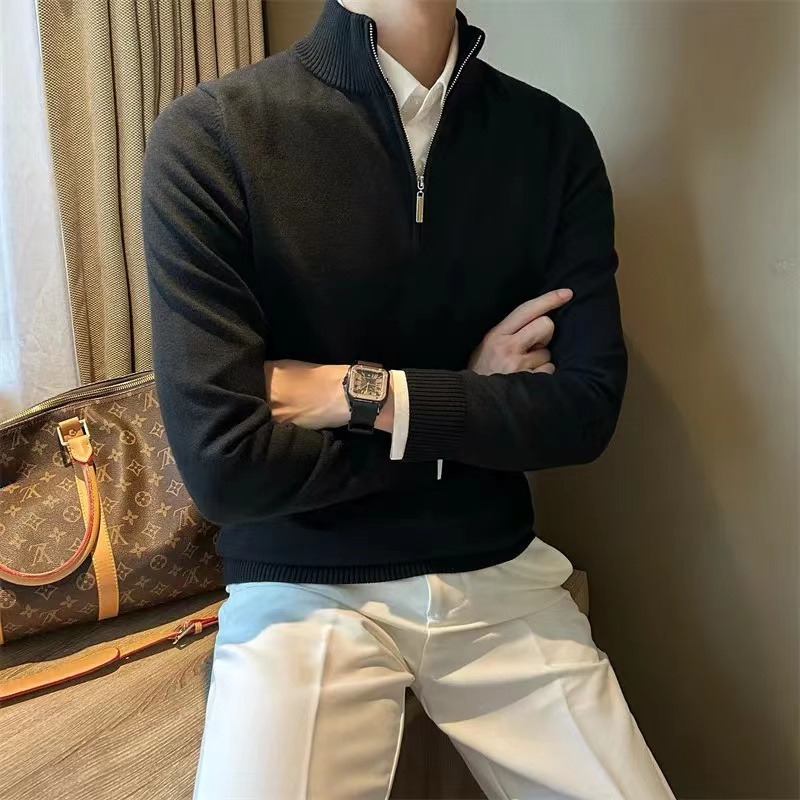 เสื้อกันหนาวแขนยาว ผ้าถัก แบบสวมหัว มีซิป ทรงสลิมฟิต แฟชั่นสําหรับผู้ชาย