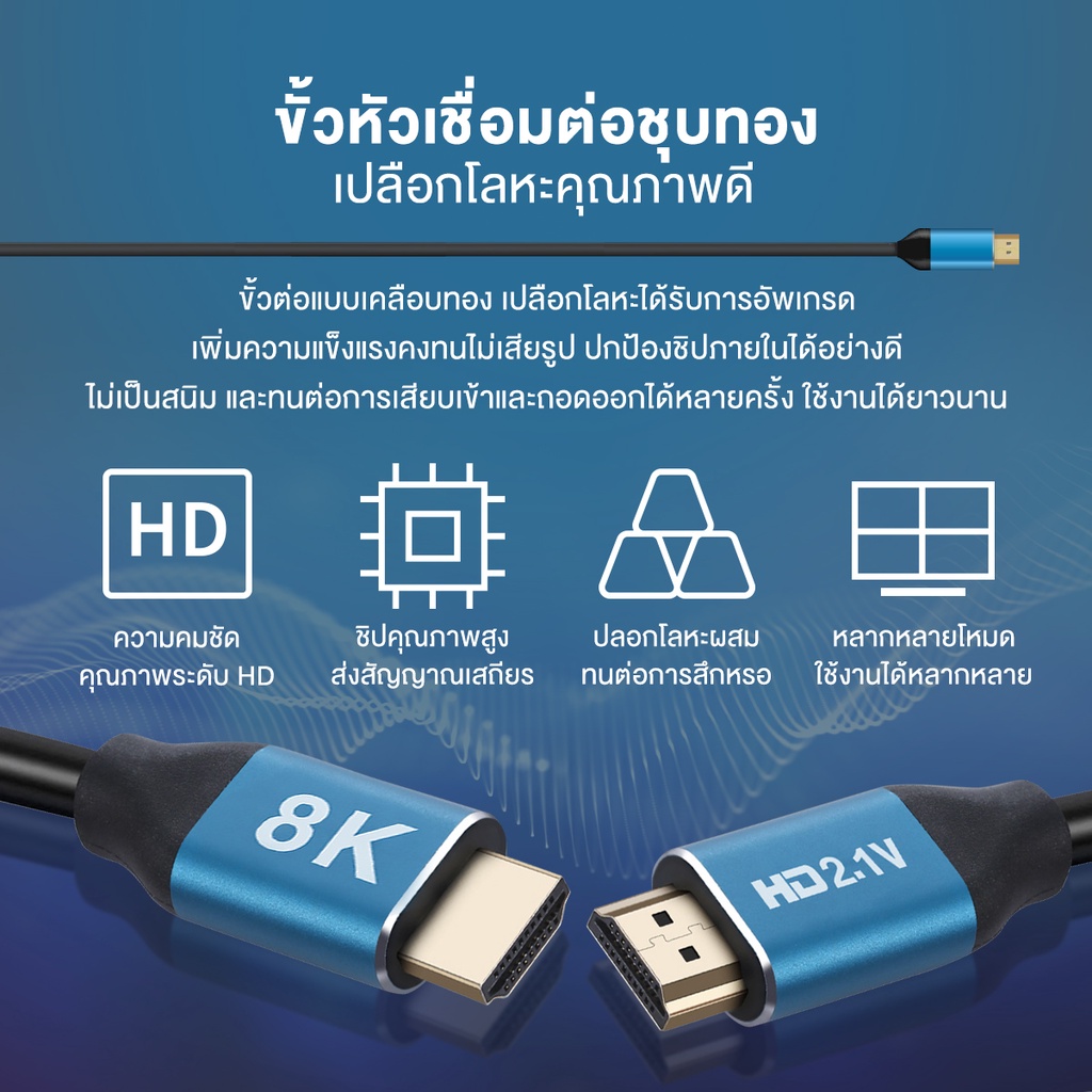 สาย HDMI 2.1 ต่อทีวี 8K/60Hz 4k/120Hz 48Gbps สายหนาอย่างดี สายเชื่อมต่อ TV สายทีวี Monitor PS5 PS4 PC