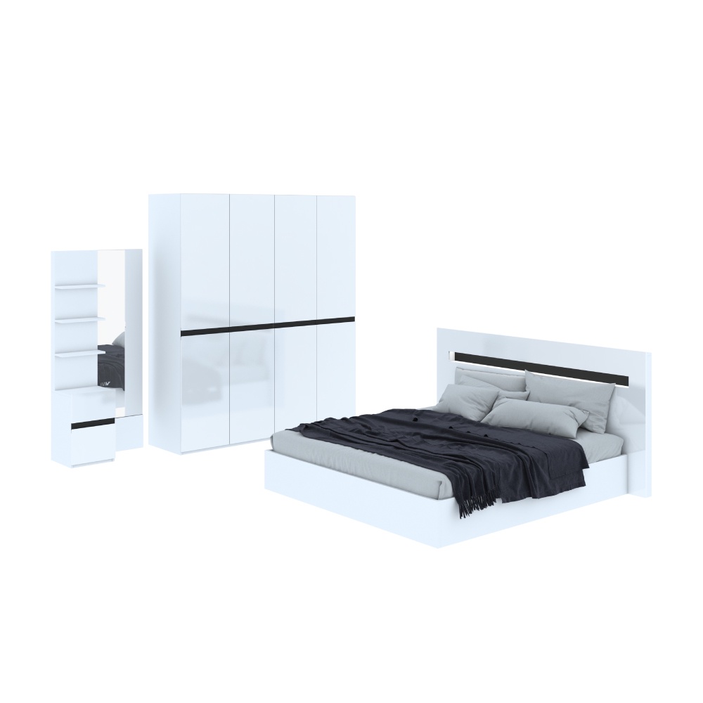 INDEX LIVING MALL ชุดห้องนอน รุ่นอิลลูชั่น พลัส ขนาด 6 ฟุต (เตียงพื้นทึบ, ตู้เสื้อผ้า 4 บาน, โต๊ะเครื่องแป้ง) - สีขาว