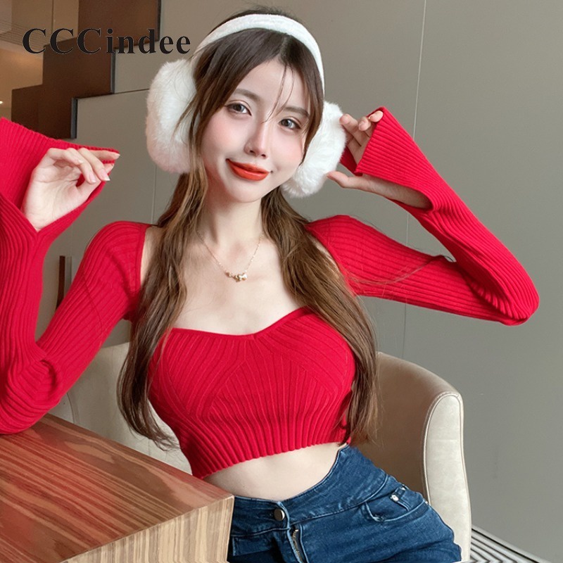 Cccindee เสื้อครอปท็อป คอวี ผ้าถัก เข้ารูป สีแดง แฟชั่นคริสต์มาส สําหรับผู้หญิง 2024