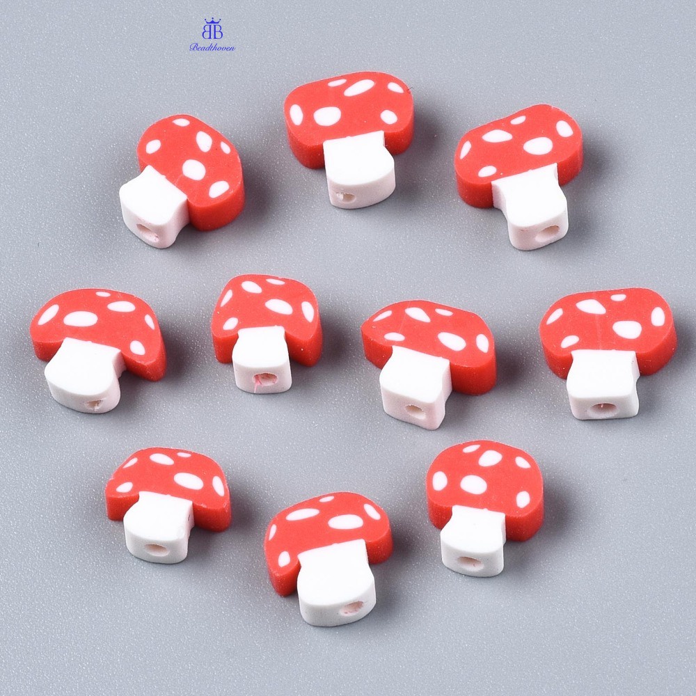 20/50/100 PC Handmade Polymer Clay ลูกปัดเห็ดสีแดง 9 ~ 13x8.5 ~ 12x4 ~ 5 มม.: 1.8 มม.