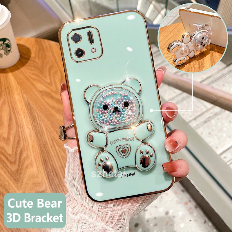 เคสโทรศัพท์ oppo a16k เคสโทรศัพท์มือถือชุบนิ่ม ทรงสี่เหลี่ยม ลายหมีน่ารัก 3D พร้อมที่ตั้งวาง สําหรับ
