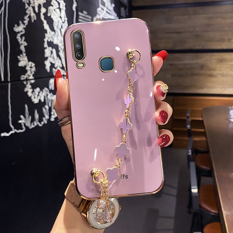 เคส Vivo Y15 Y17 Y12 Y11 2019 Y12i 1901 1902 1904 1906 1940 โทรศัพท์มือถือ กันกระแทก ลายใบโคลเวอร์สี่แฉก พร้อมสายคล้องมือ หรูหรา สําหรั